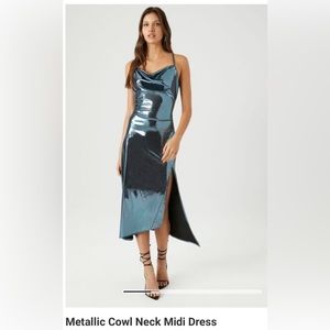 metallic cowl neck midi dress